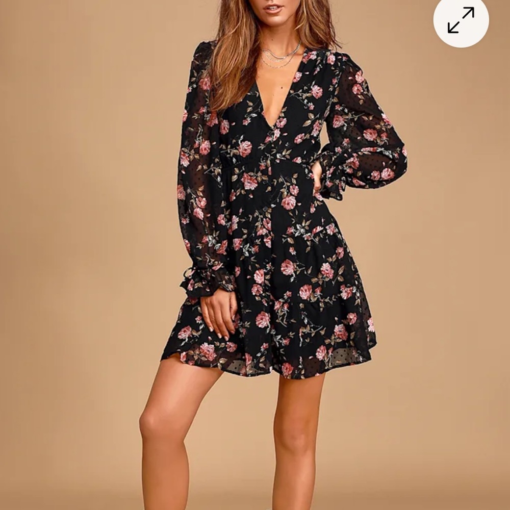 Lulu's Black Floral Print Sheer Chiffon Babydoll Mini Dress Size S